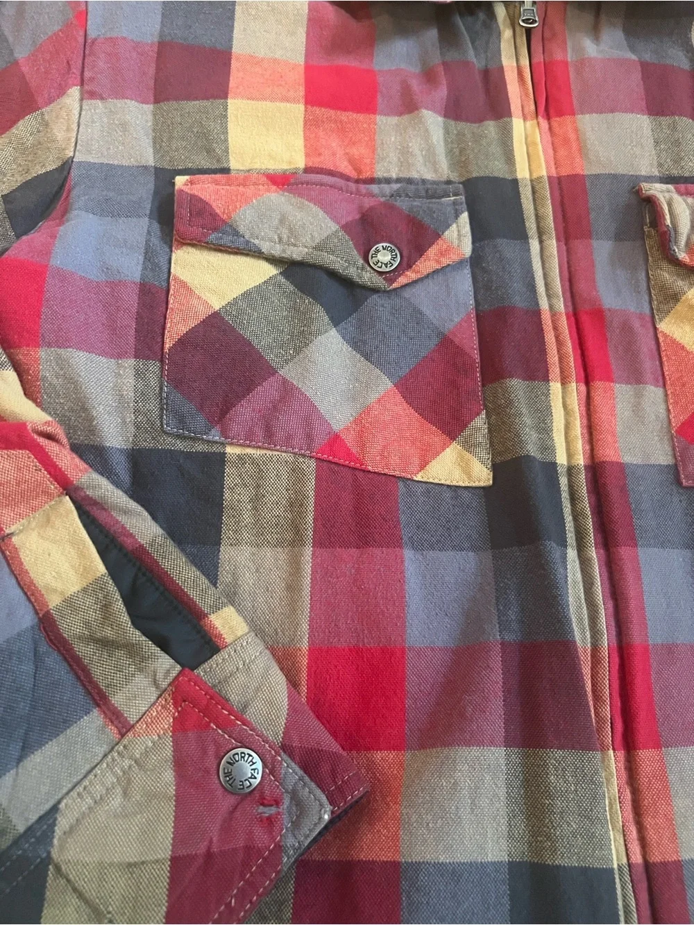 The North Face reversible padded jacket black and buffalo plaid flannel Large